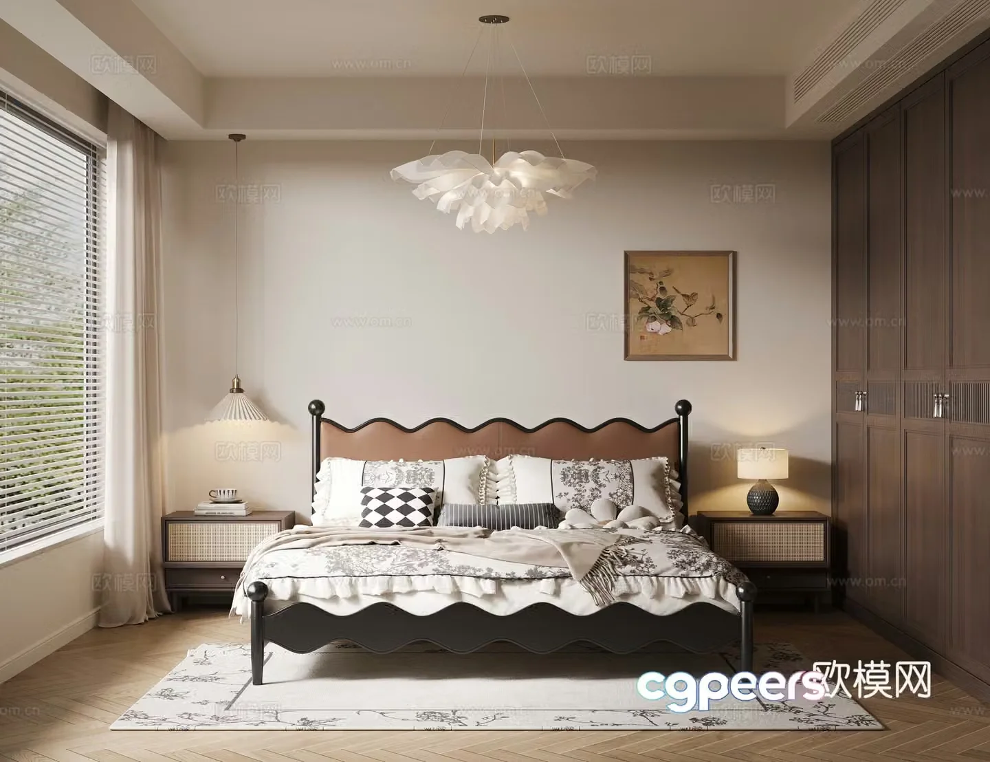 French retro bedroom French double bed retro wardrobe chandelier hanging painting retro bedside table 3d model