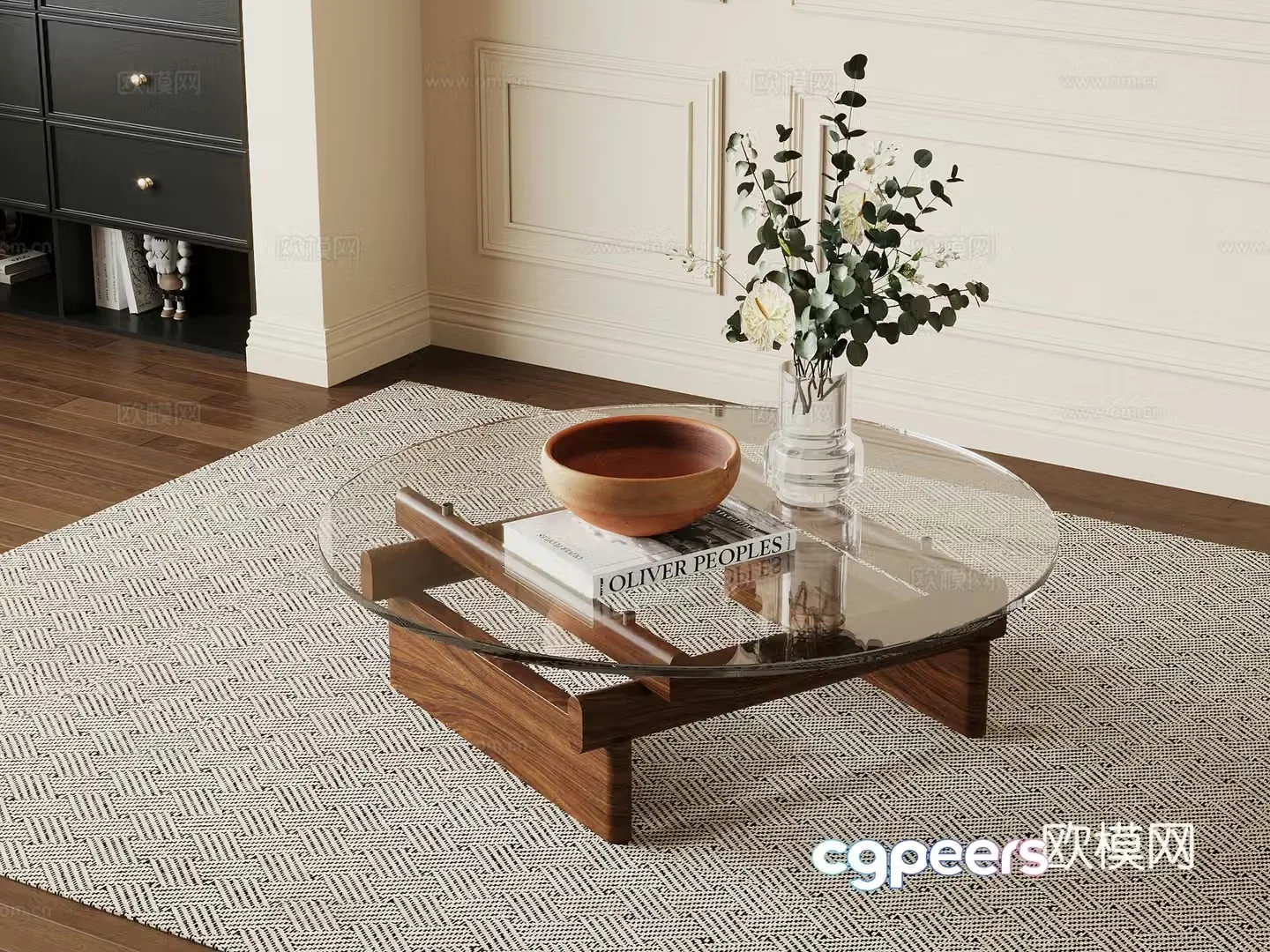 Middle-aged style coffee table glass coffee table round coffee table 3D model