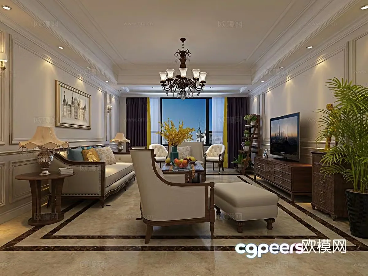 American living and dining room Meike Meijia furniture marble floor 3D model