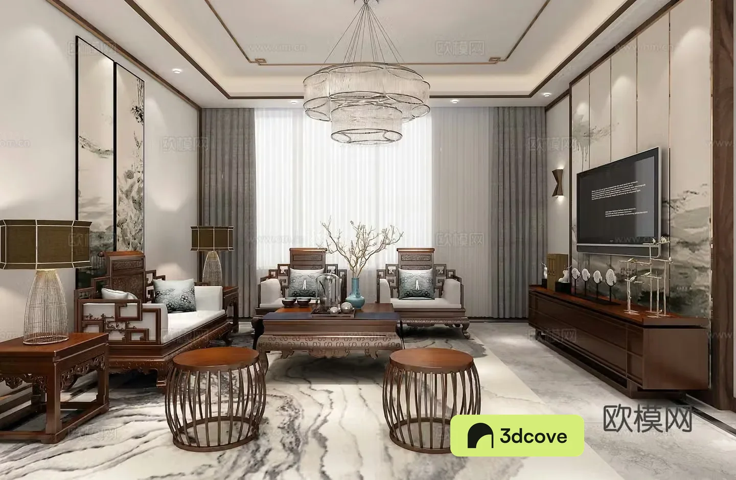 Traditional Chinese living and dining room sofa coffee table painting TV cabinet chandeliers dining table chairs