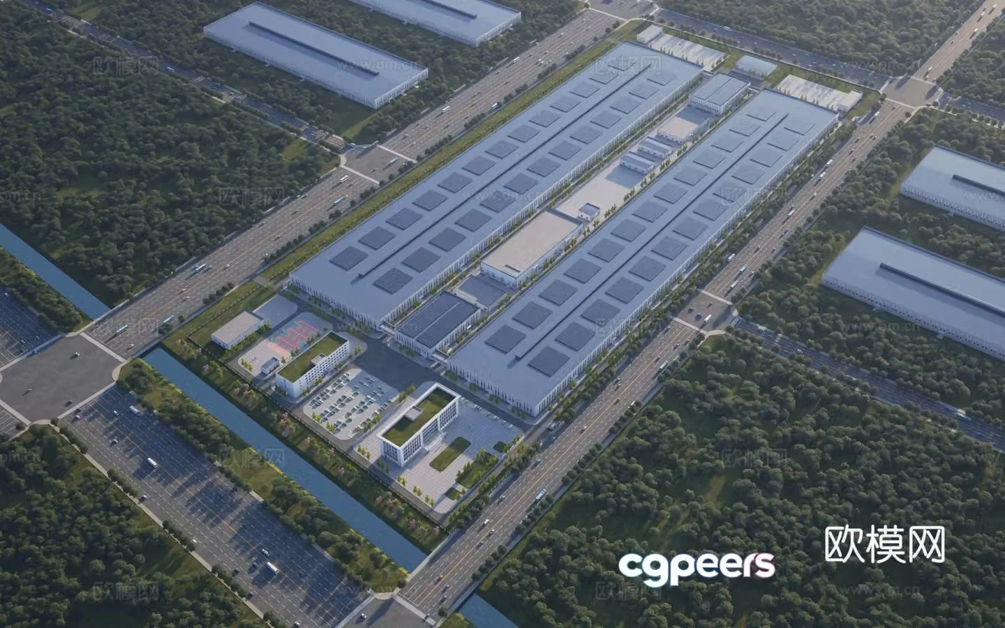 Aerial view 3d model of modern factory building
