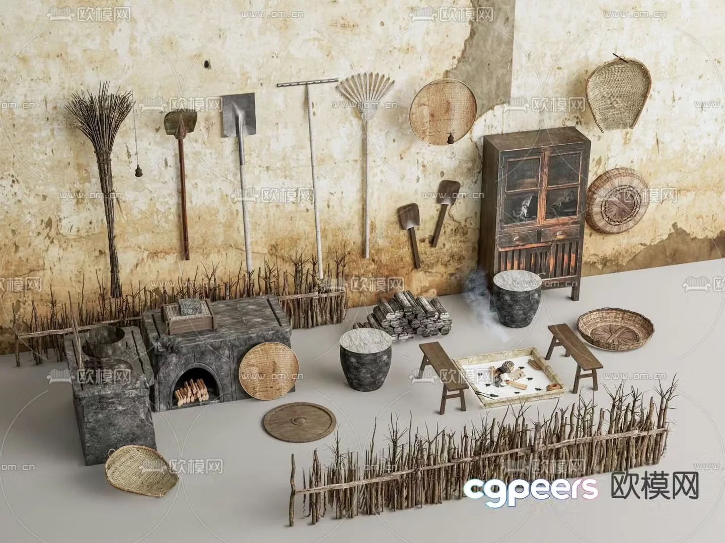 Rural folk sketch bamboo fence earth stove 3D model