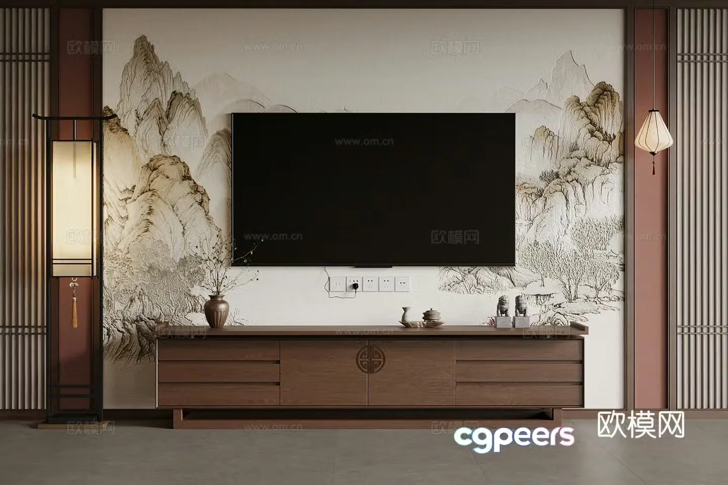 06 New Chinese TV Cabinet Floor Lamp Chandelier 3D Model