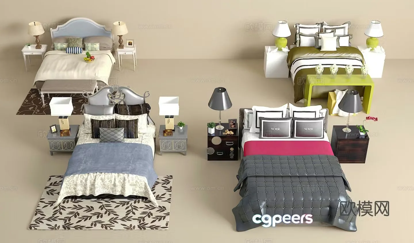 Double bed combination bedside table jewelry ornaments desk lamp carpet pillow 3D model