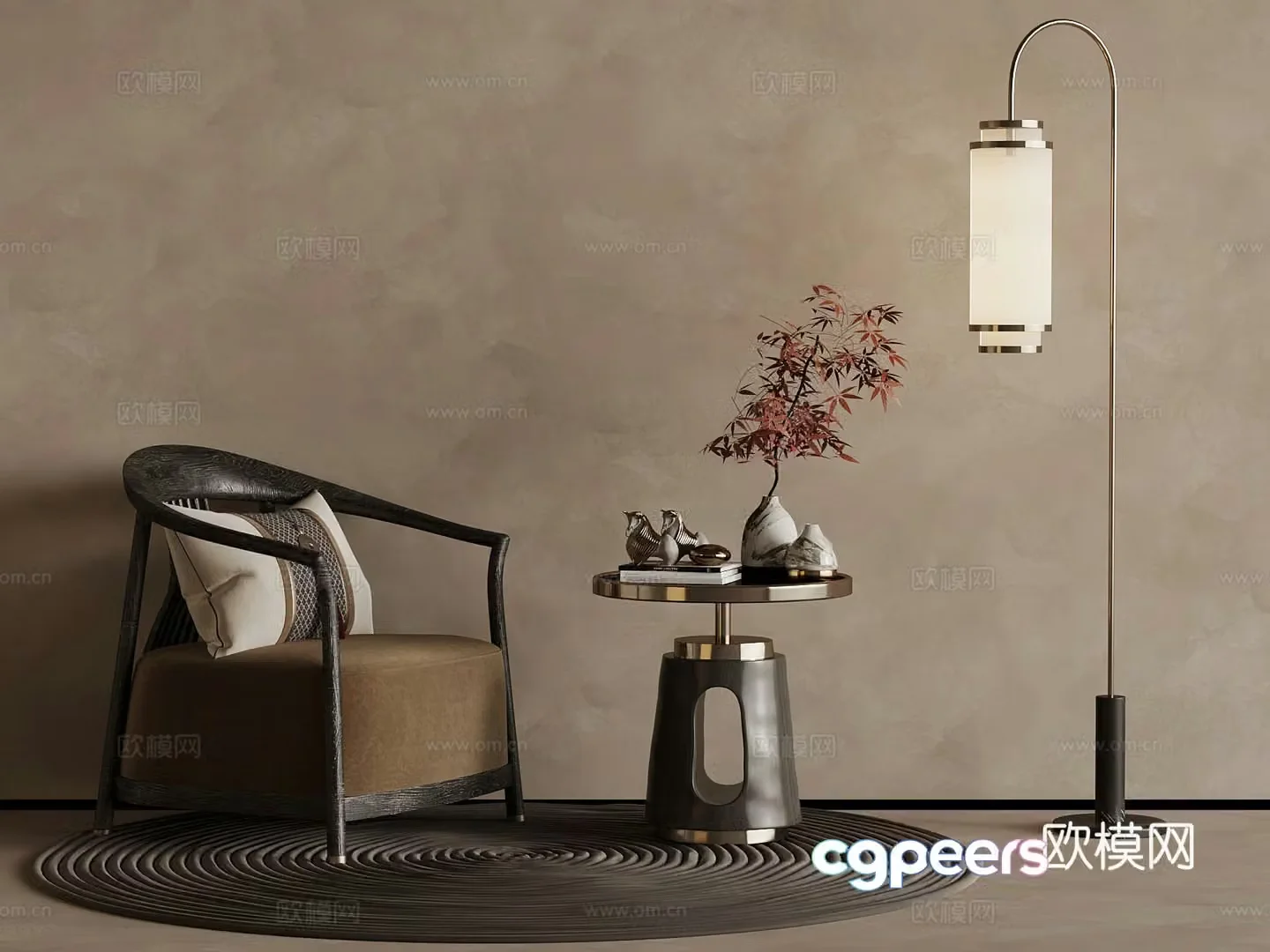 New Chinese style leisure chair side table floor lamp 3d model
