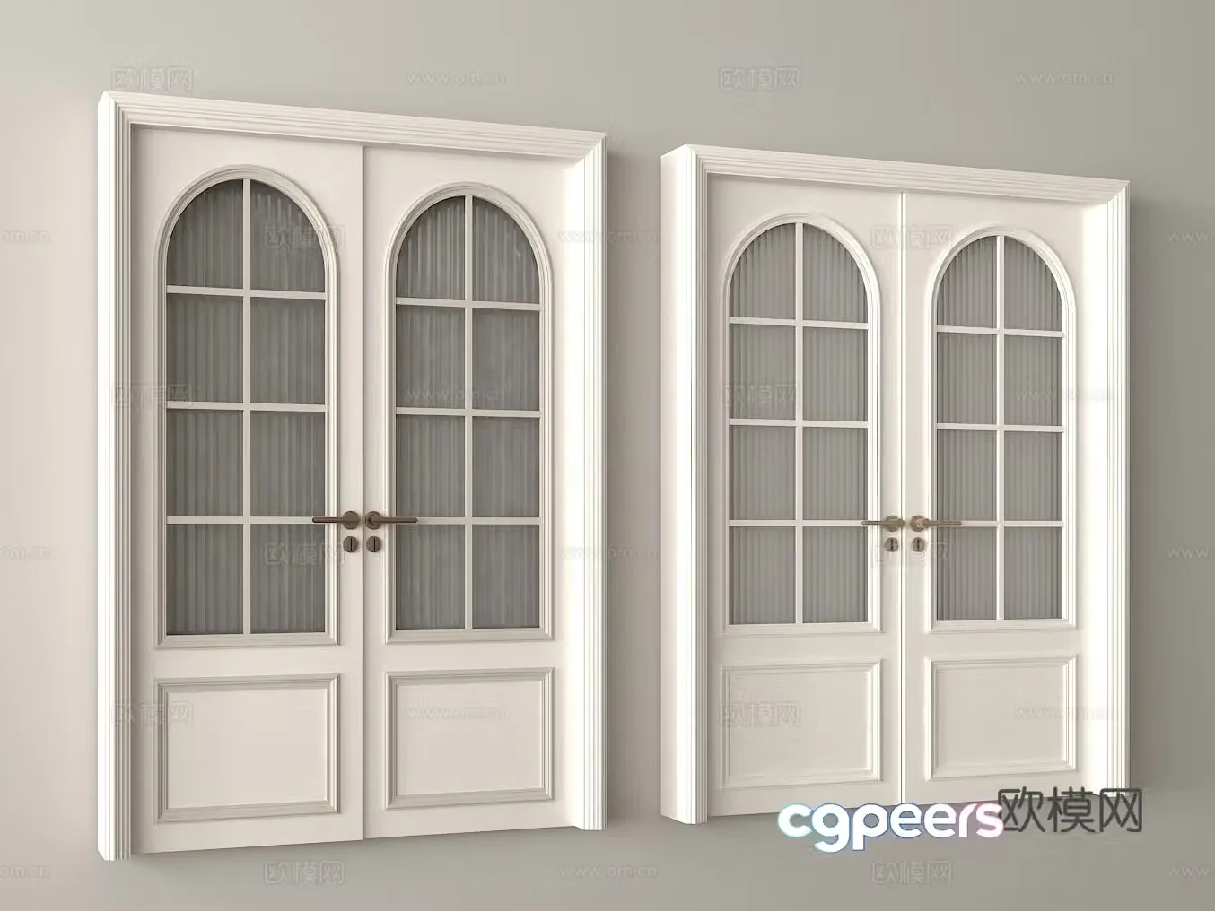 White double-opening door glass door design arched window door copper handle space partition door 3d model