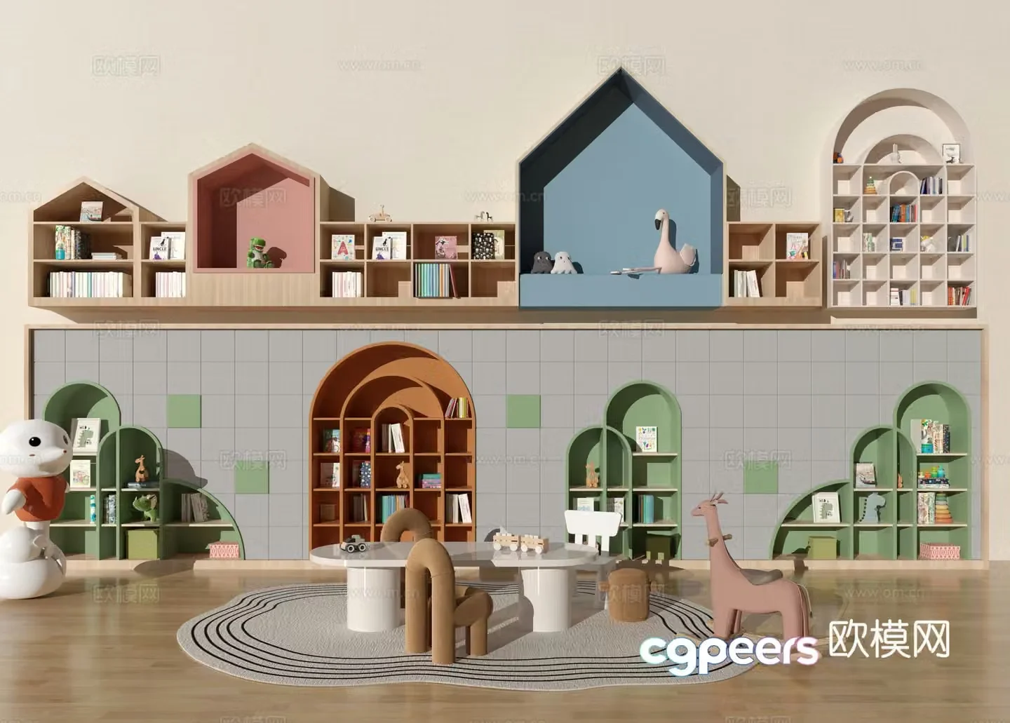 Kindergarten bookshelf Kindergarten bookcase reading room Kindergarten table and chair 3d model