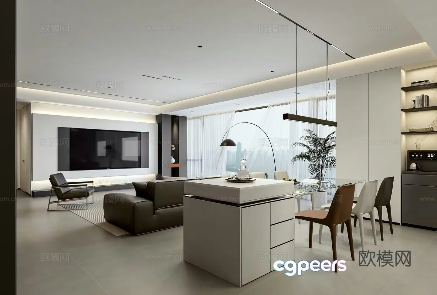 Modern living and dining room 3d model