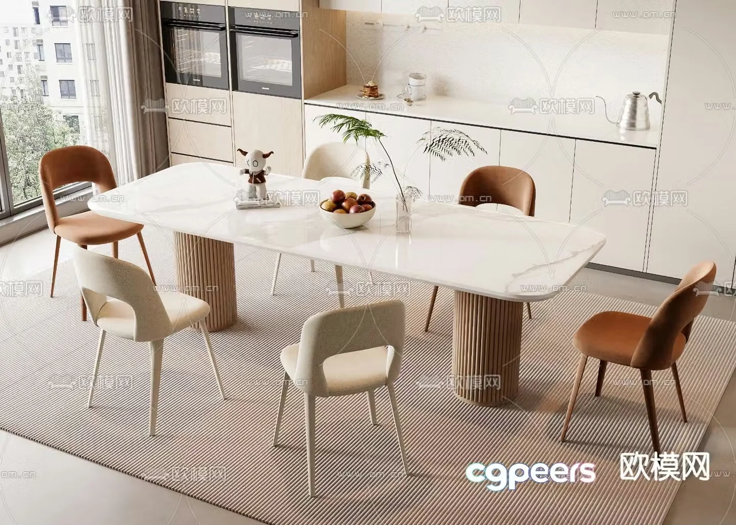 Cream style dining table and chairs slate dining table 3D model