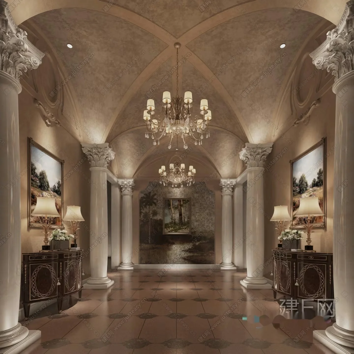 Classic Hallway With Columns 3D Model – 17118 – VRAY Render