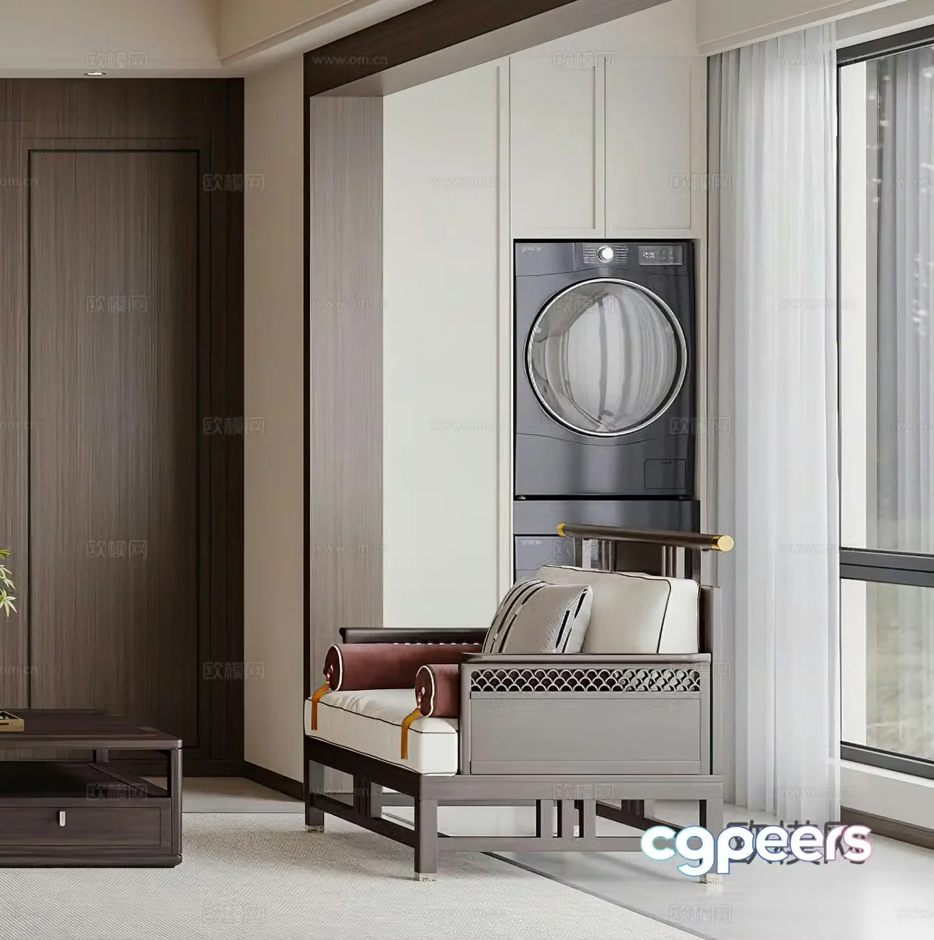 New Chinese style leisure chair single sofa casual sofa side table corner table single chair medieval style 3D model