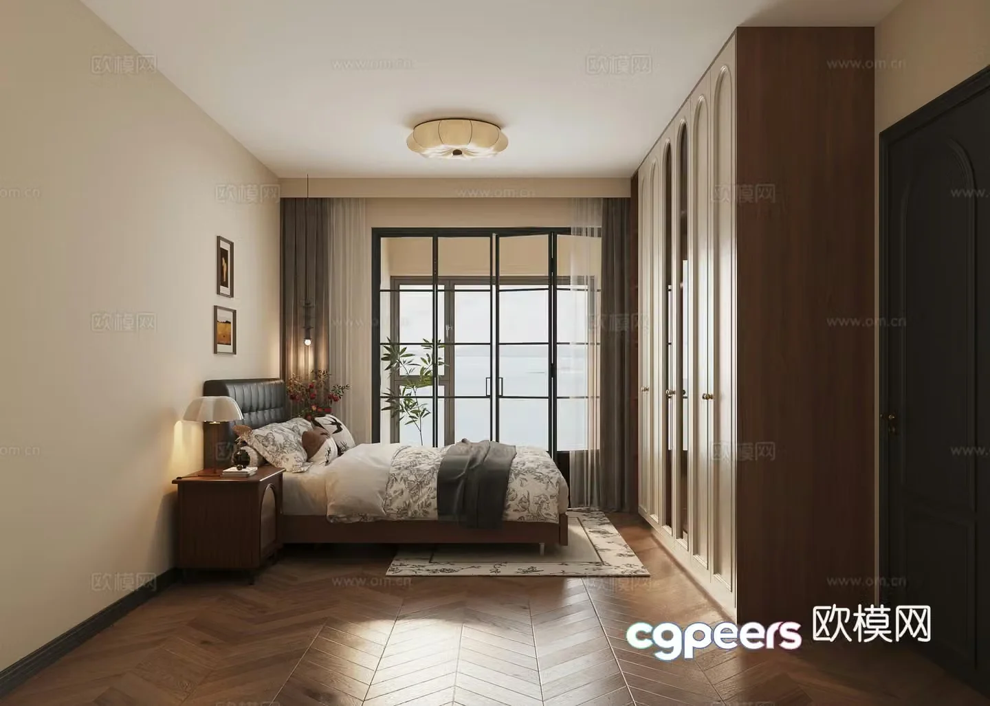 Retro style bedroom American style bedroom medieval style bedroom balcony bedroom 3d model