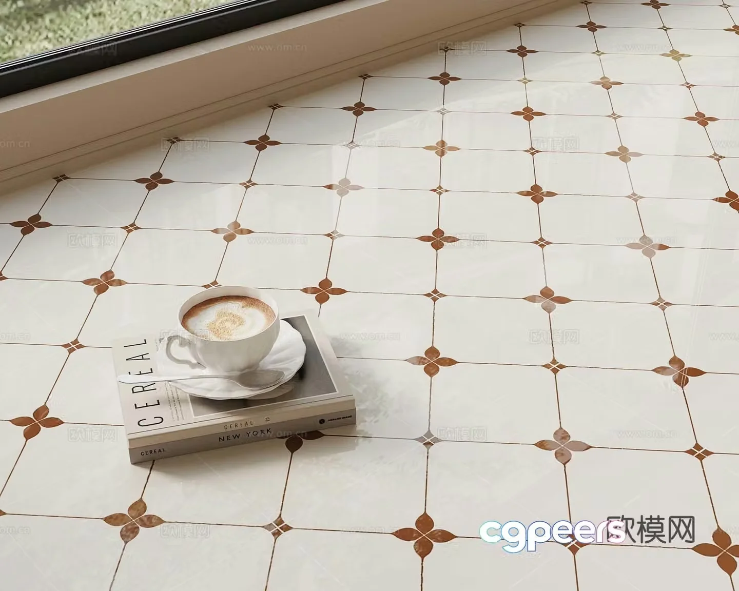French medieval ceramic tiles seamless medieval small flower tiles 3d model