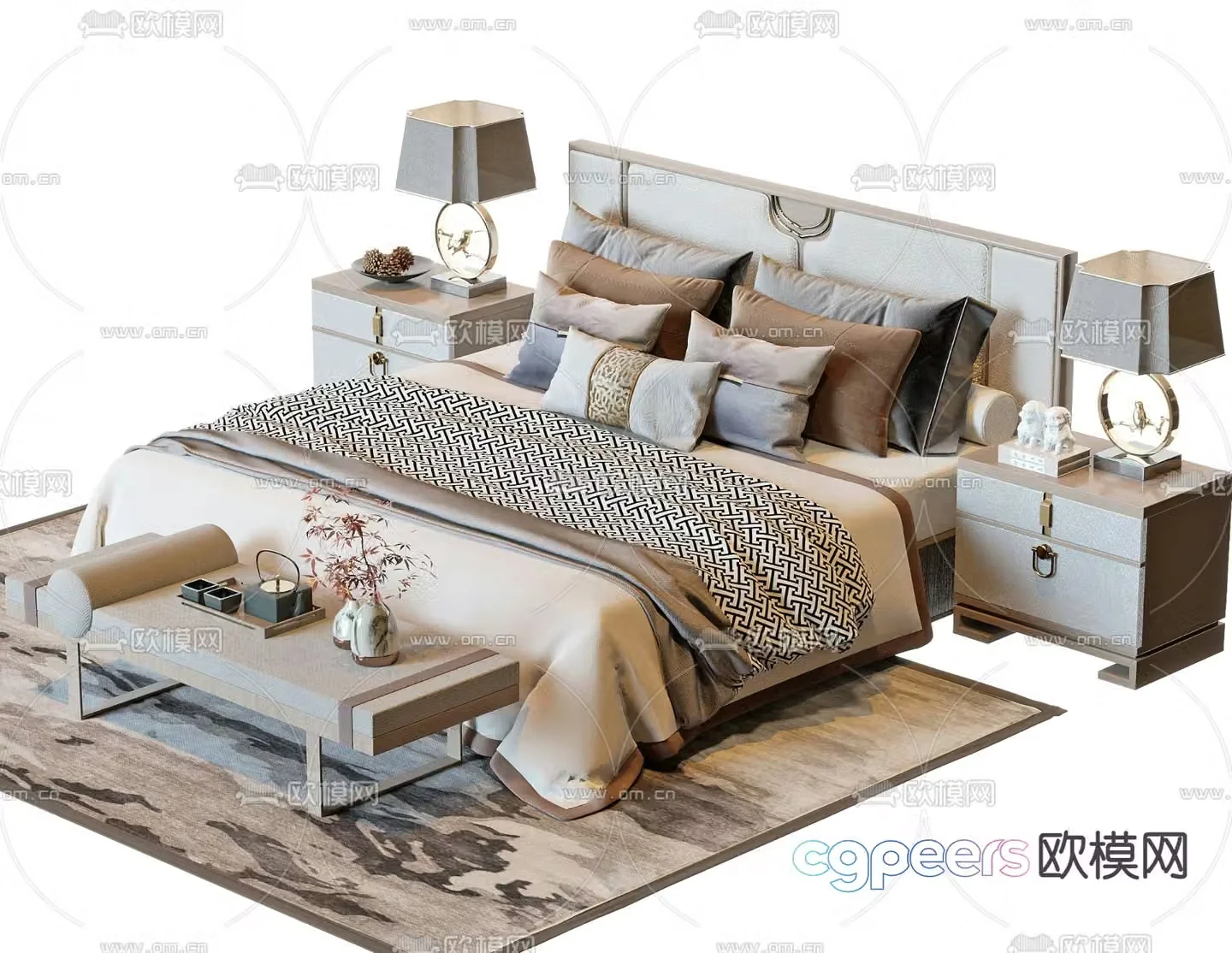 New Chinese style double bed 3d model