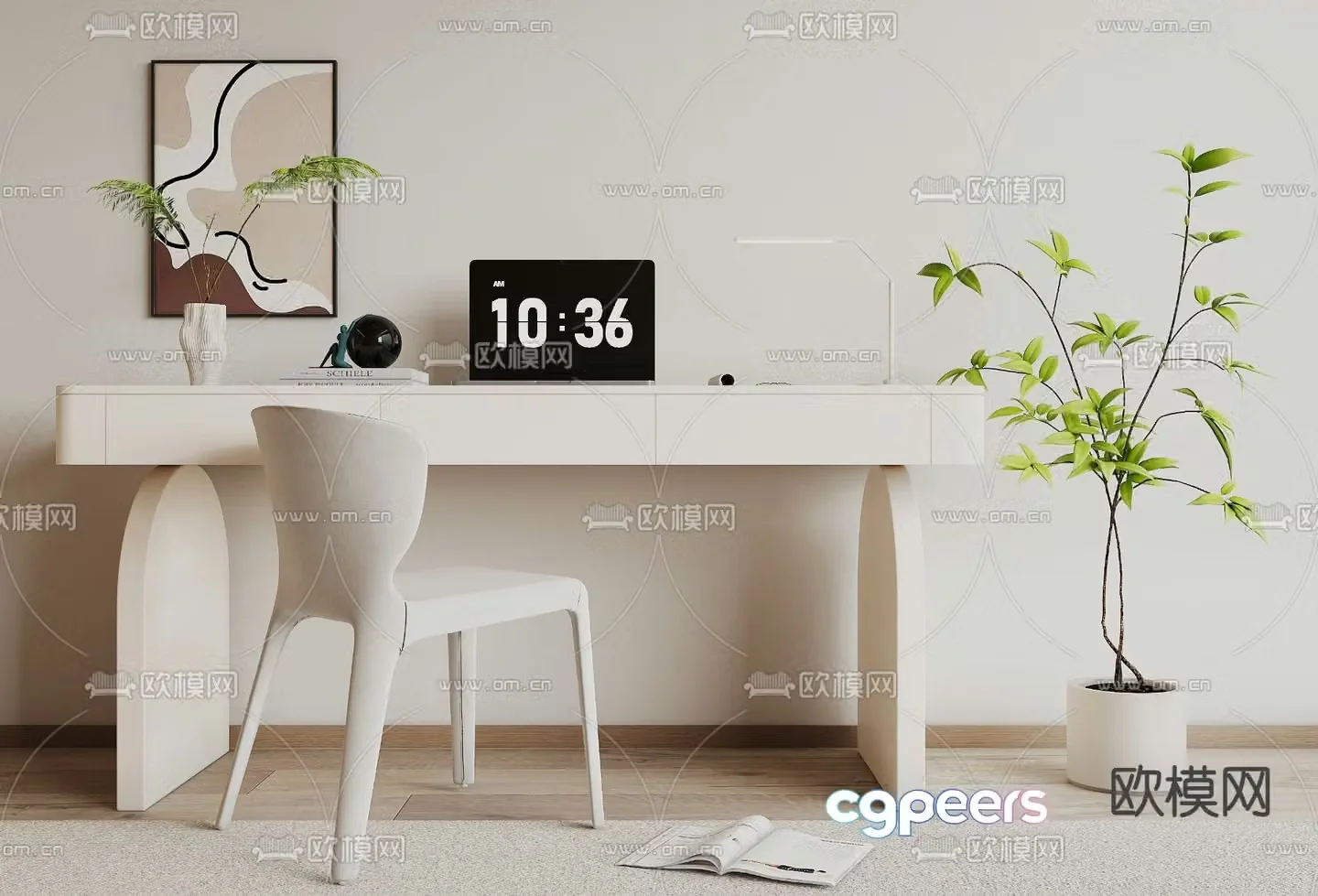Cream desk desk chair 3d model