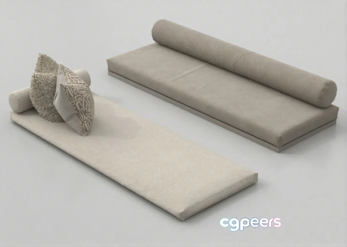 Two Light-Colored Futon Mats With Rolled-Up Pillows 3D Model – 7763 – VRAY Render