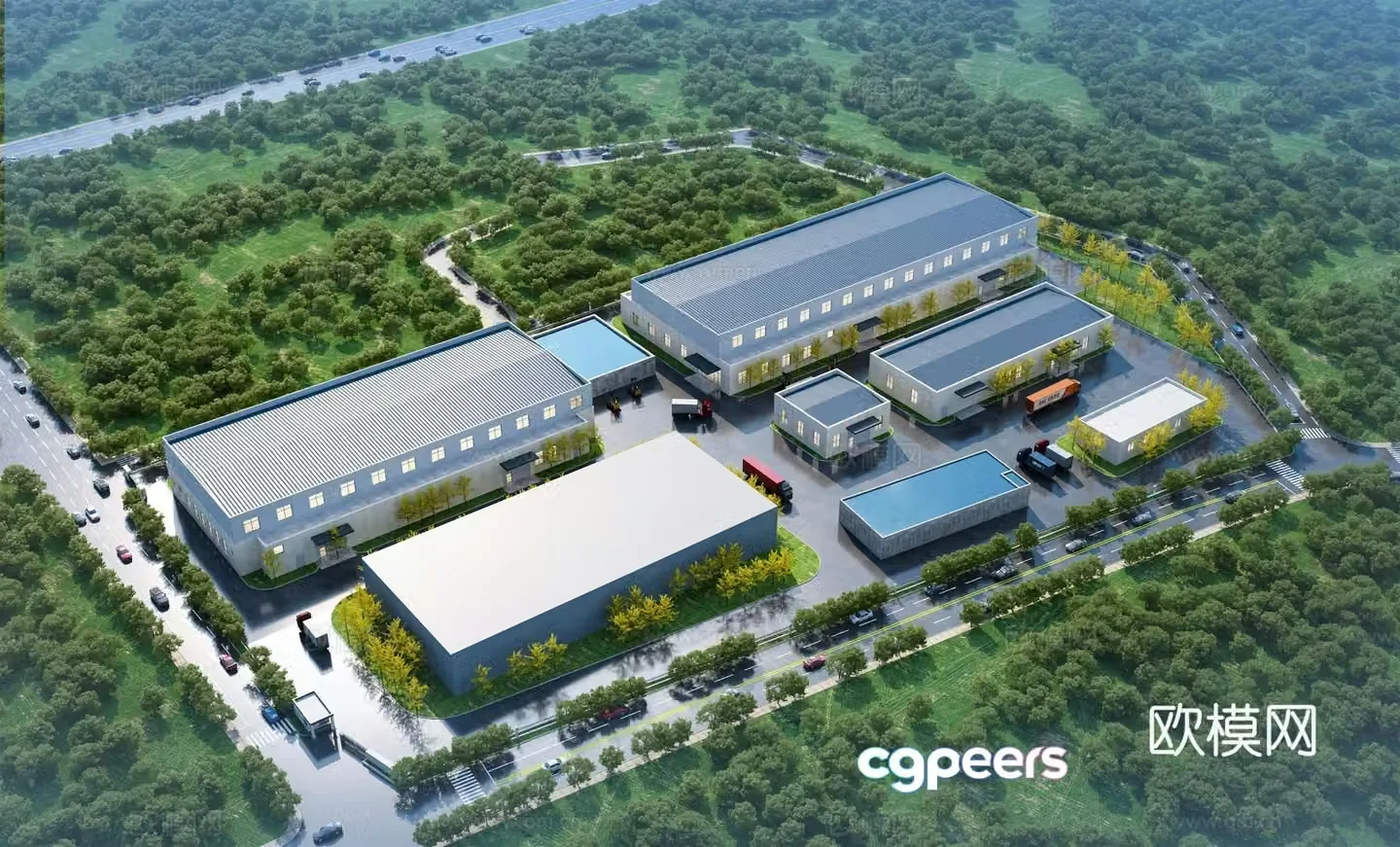 Aerial view 3d model of modern factory building project department