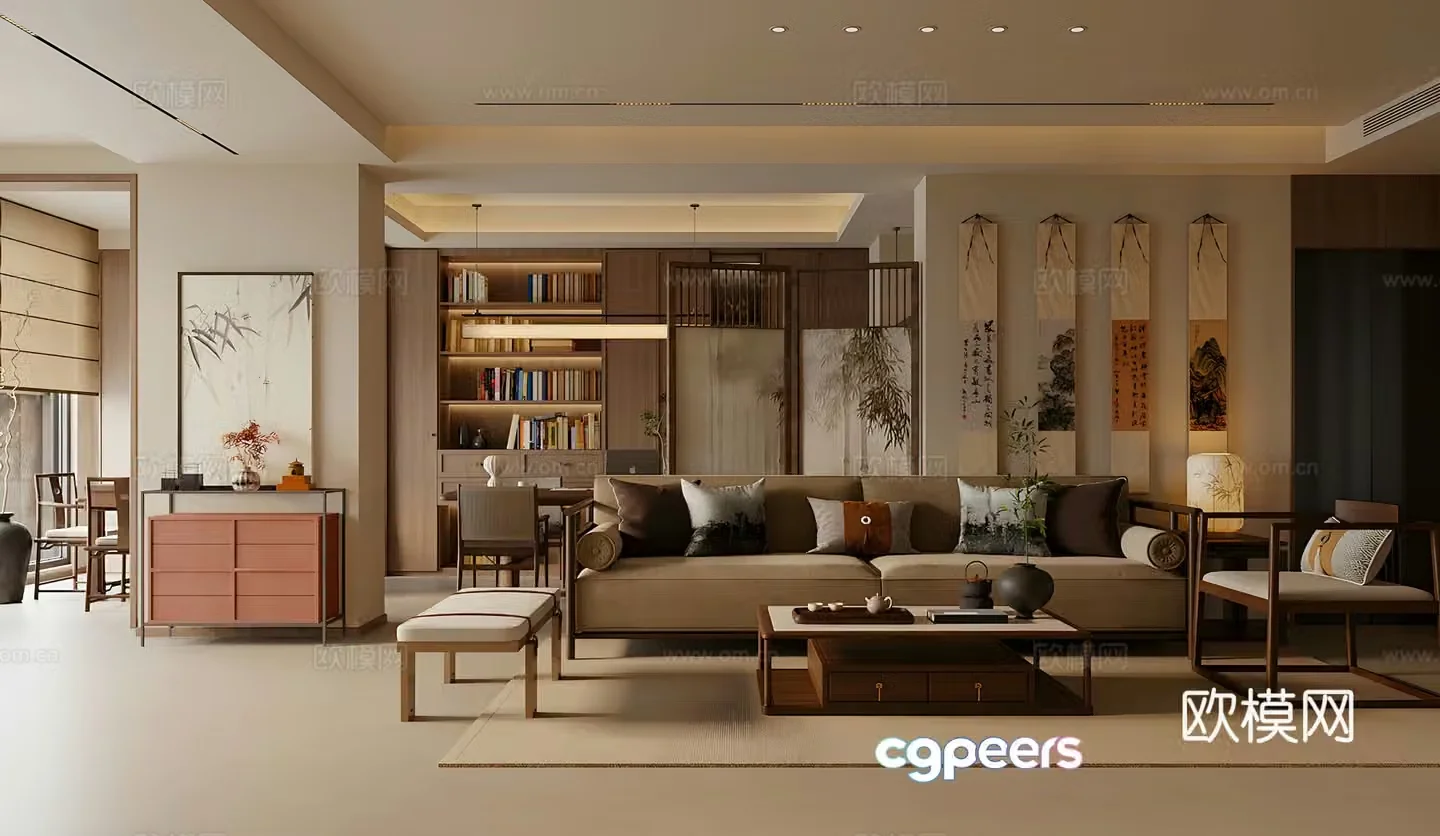 New Chinese Zen Home Living Room Song-style Aesthetic Living Room Chinese Living Room Chinese Sofa Coffee Table Combination 3D Model