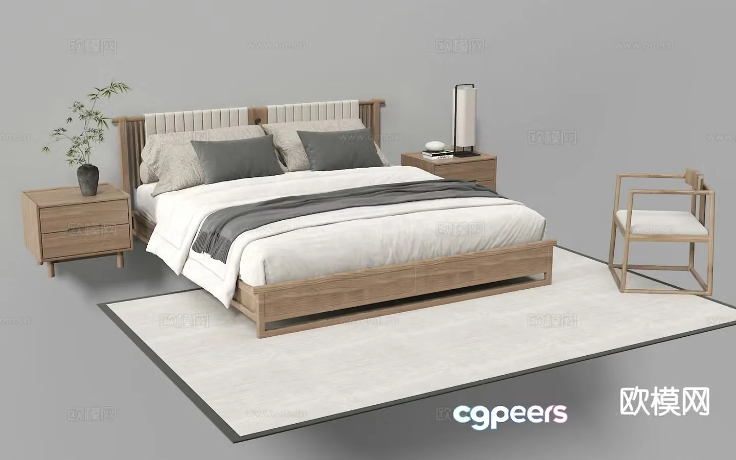 New Chinese style double bed fabric bed solid wood bed 3d model