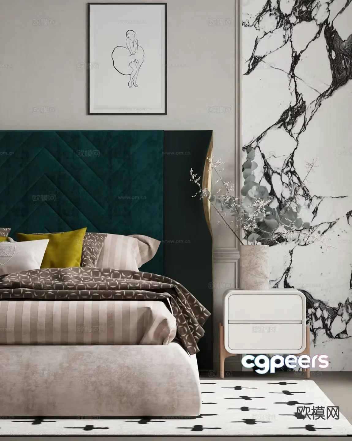 Modern bedside table realistic bedding 3d model