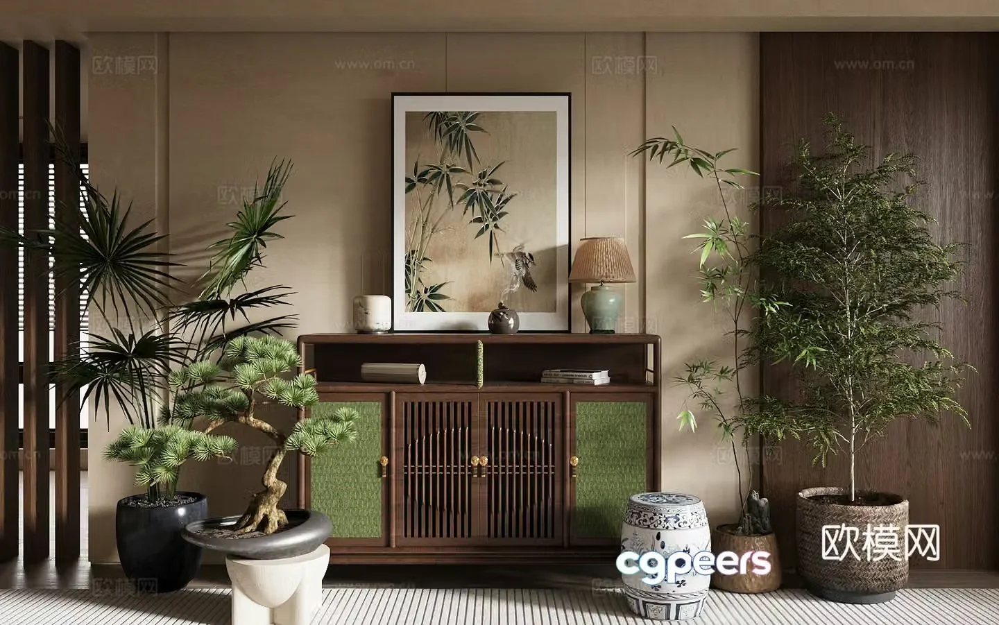 New Chinese style chest of drawers side cabinets ornaments combinations floral green plants Chinese style hanging paintings Chinese style decorative cabinets 3D model
