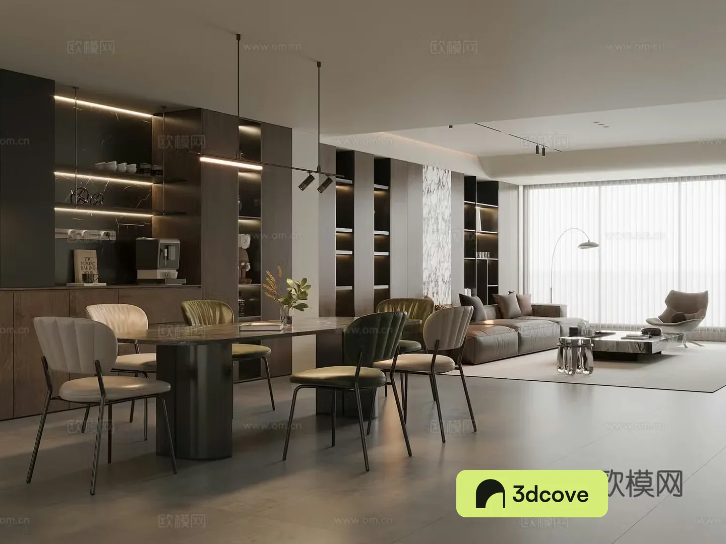 Modern Italian dining room marble dining table and chairs sideboard wine cabinet leather sofa coffee table combination