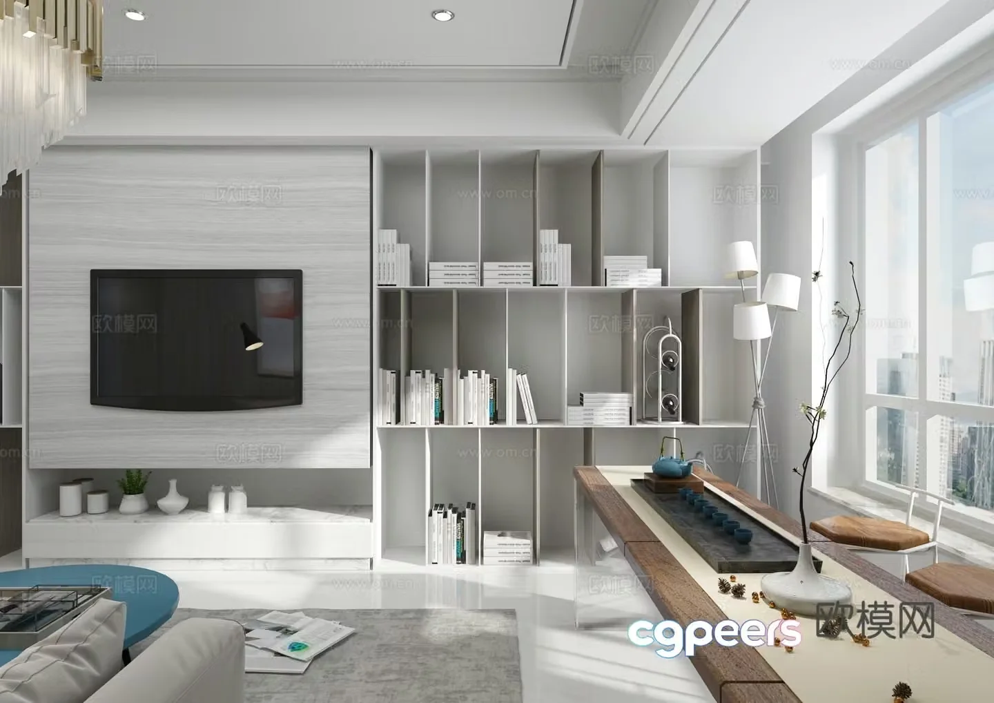Modern living and dining room chandeliers modern sofa dining table iron bookshelf hanging painting 3d model