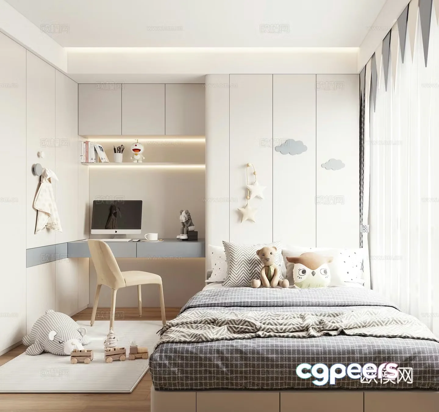 Modern cream style children’s bedroom multi-functional room children’s room study tatami bedroom desk boy 3d model