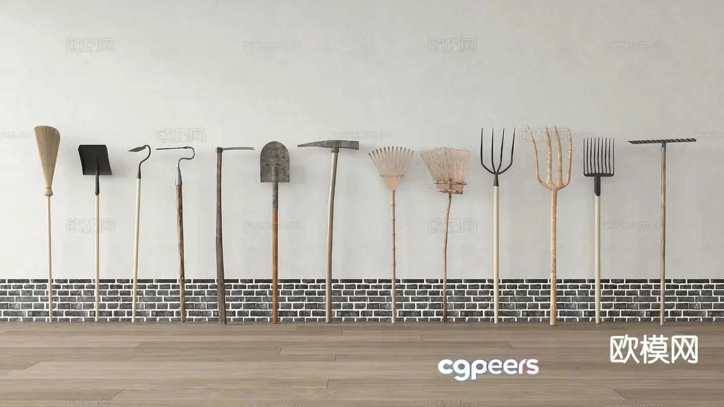 Chinese farm tools sketch rake shovel hoe fork 3D model