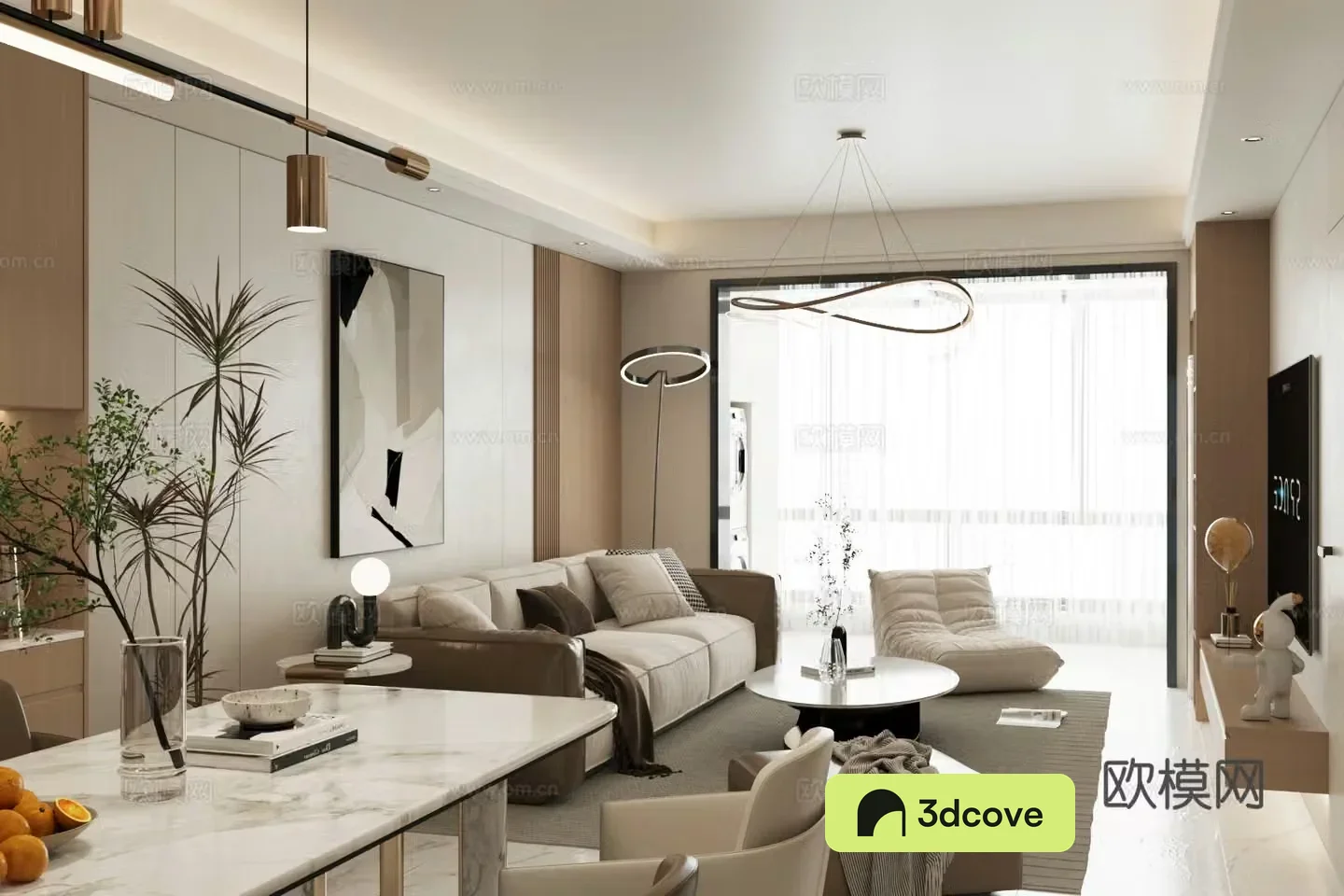 Modern living and dining room sofa coffee table Italian light luxury living and dining room large flat floor living and dining room horizontal living room