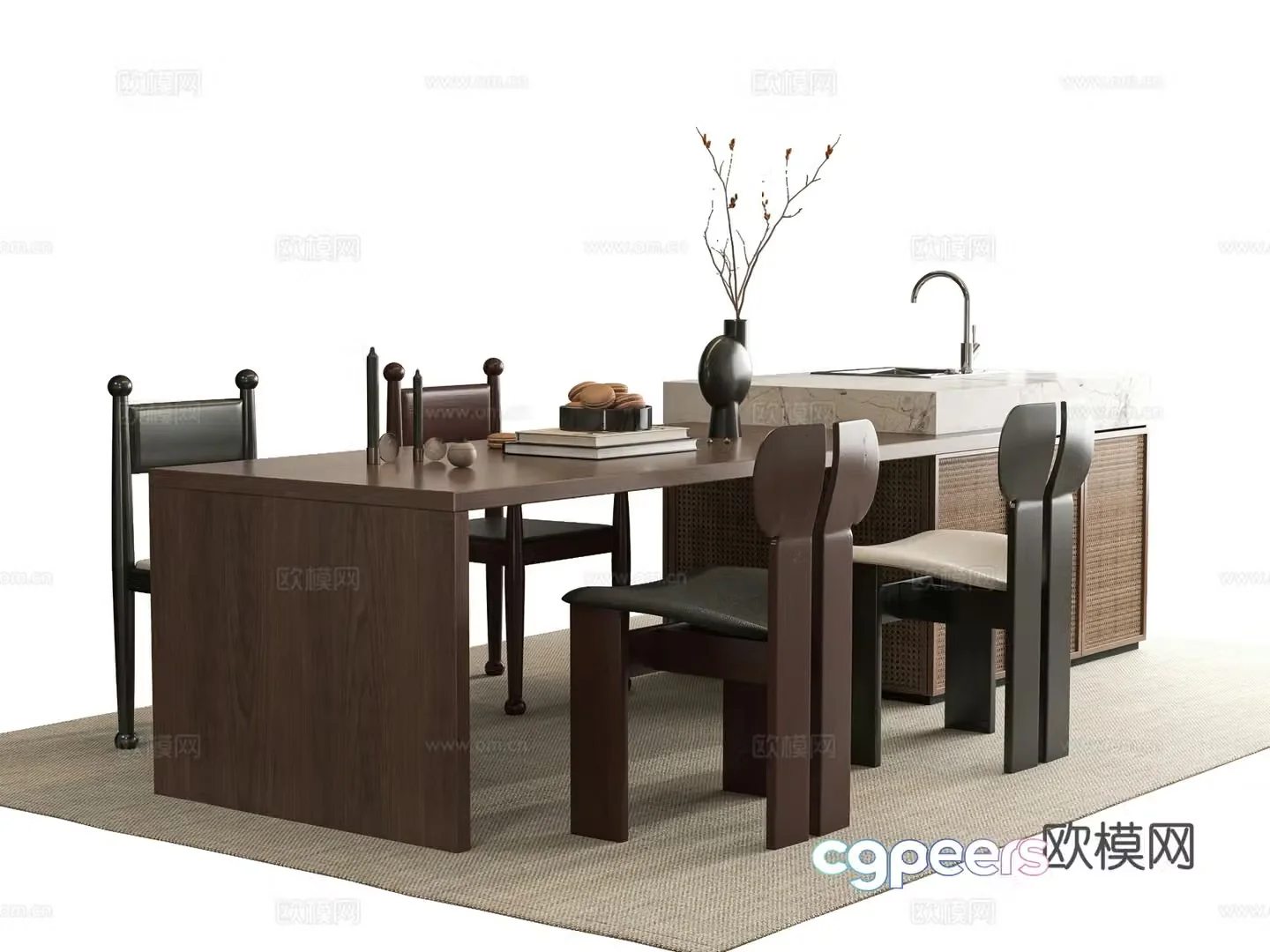 Medium style dining table and chair 3D model