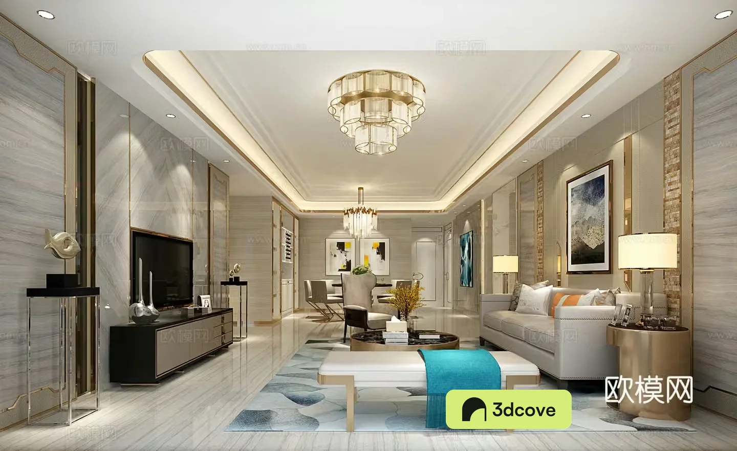 Modern living and dining room chandeliers TV cabinet sofa combination