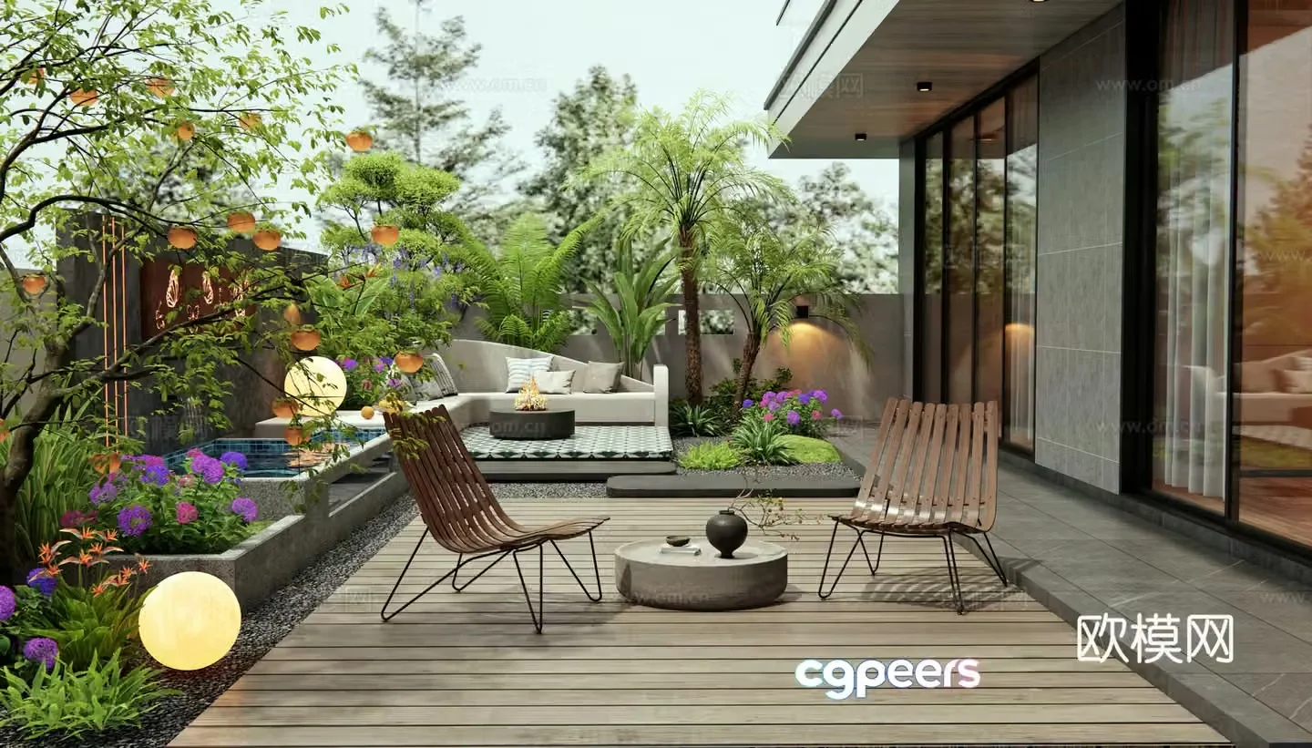 Modern courtyard garden water view wall booth outdoor sofa outdoor table and chairs flowers and plants plant pile 3d model