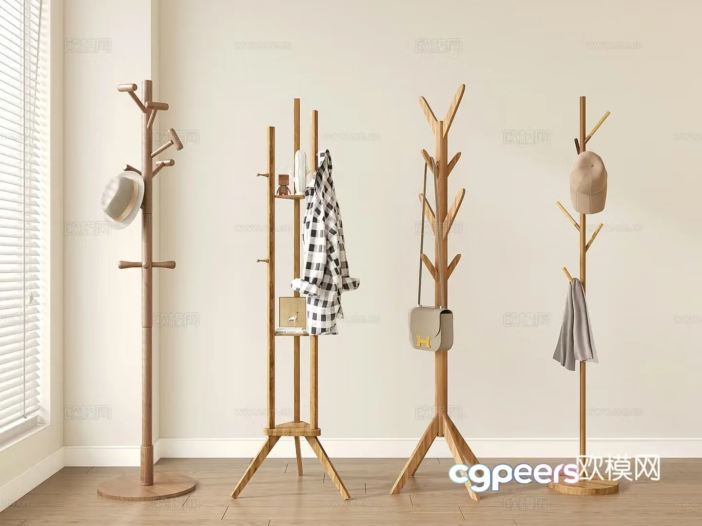 Wasabi solid wood hanging hanger Clothes rack Clothes rack Hanging bag rack Hanging bag rod 3D model