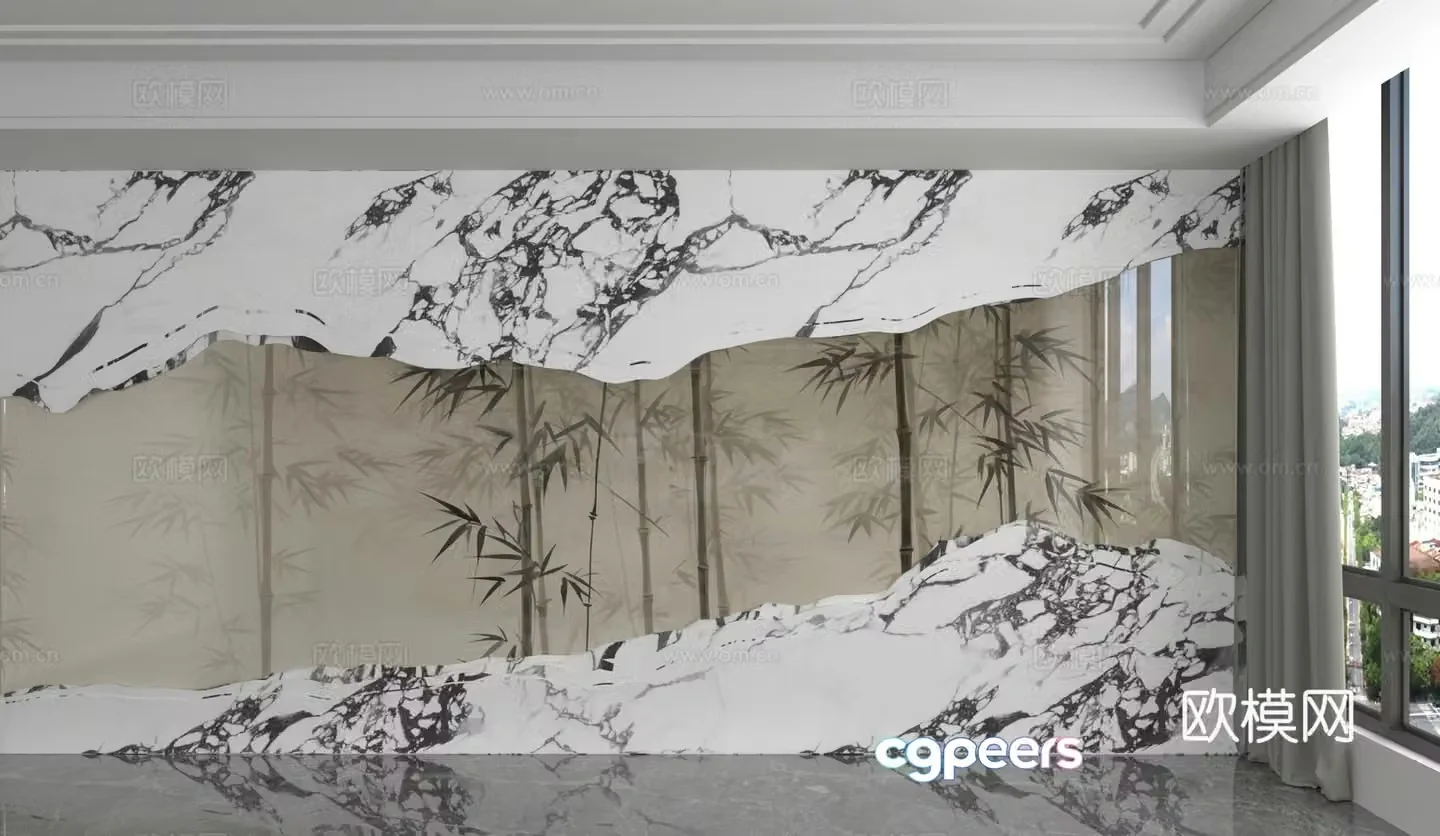 New Chinese style ink bamboo background wall 3d model