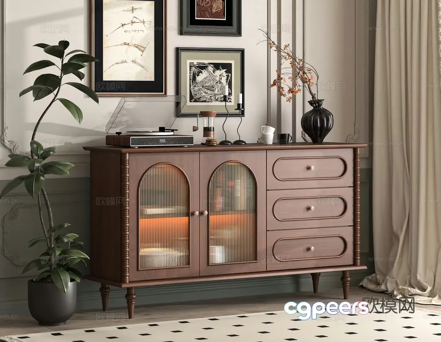 Middle-aged style porch cabinet side cabinet 3D model