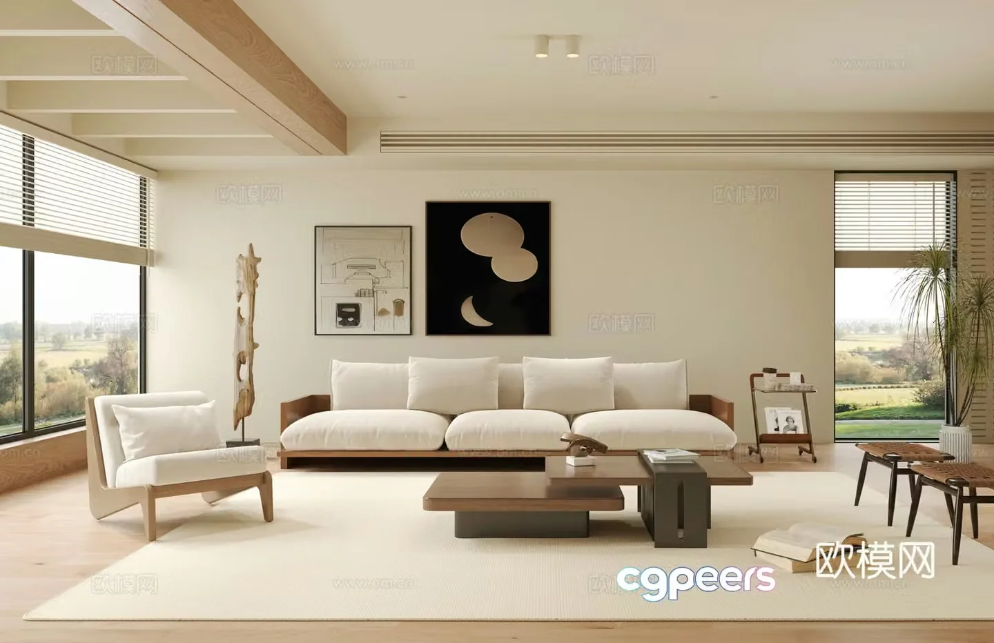 Modern home living room sofa combination coffee table casual sofa decoration painting carpet 3d model