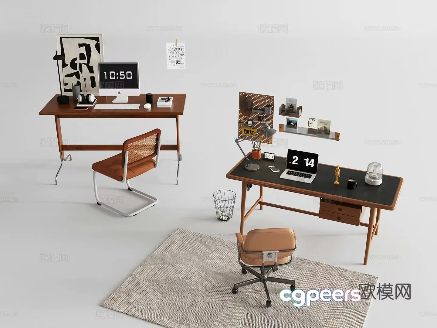 Modern study table combination study chair single chair computer accessories study table 3d model