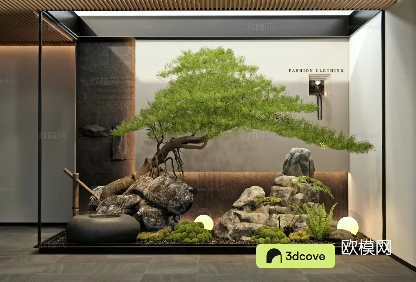 New Chinese style interior landscape stone Plant landscaping Garden sketch Moss Pine tree