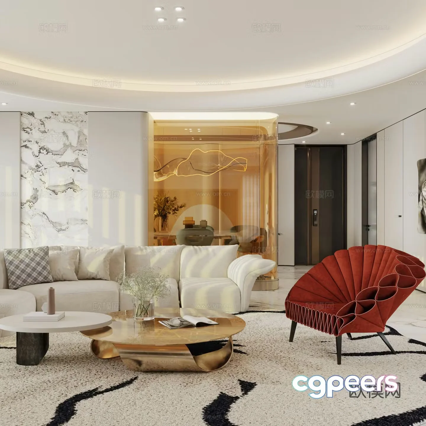 Modern Cream Living and Restaurant 3D Model
