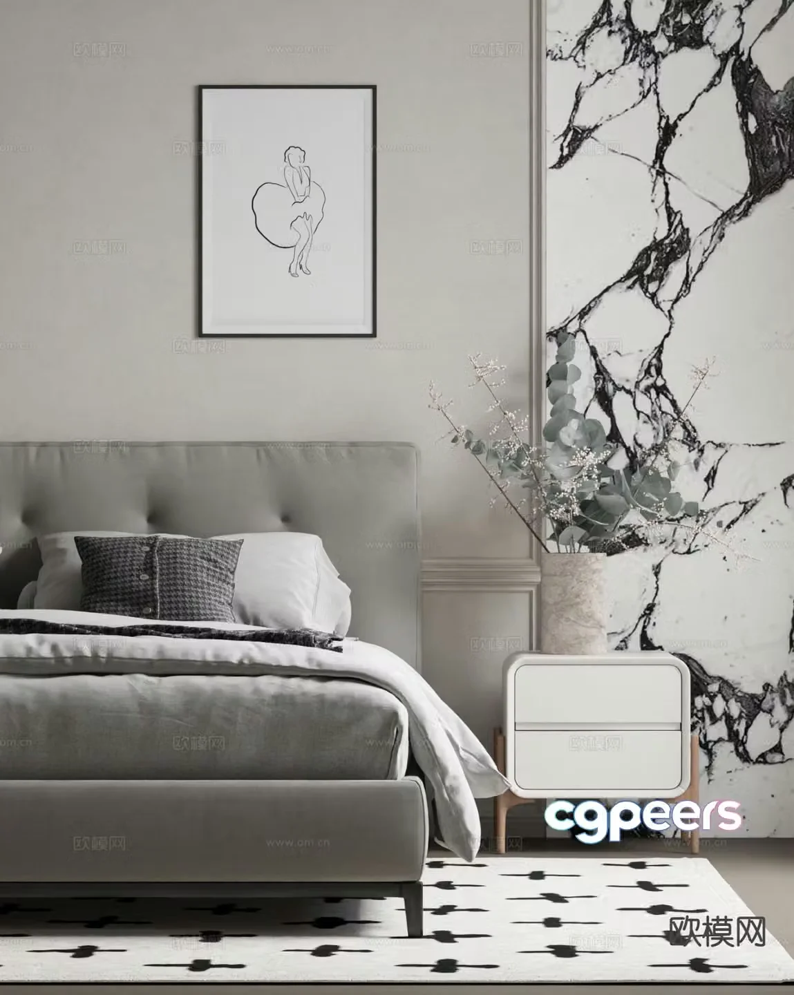 Modern bedside table realistic bedding 3d model