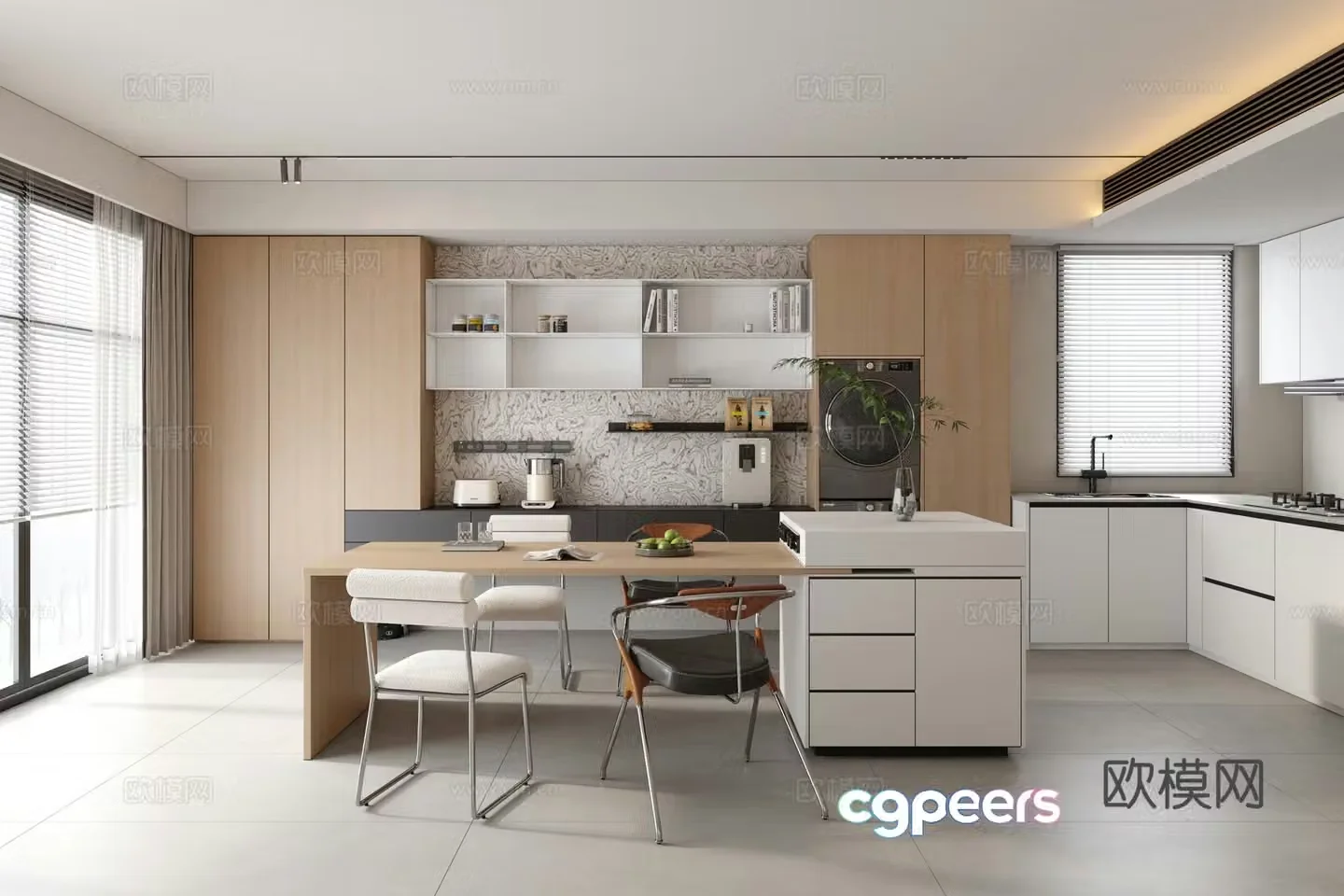 Modern minimalist island restaurant island dining table and chairs Log-wind island restaurant 3D model