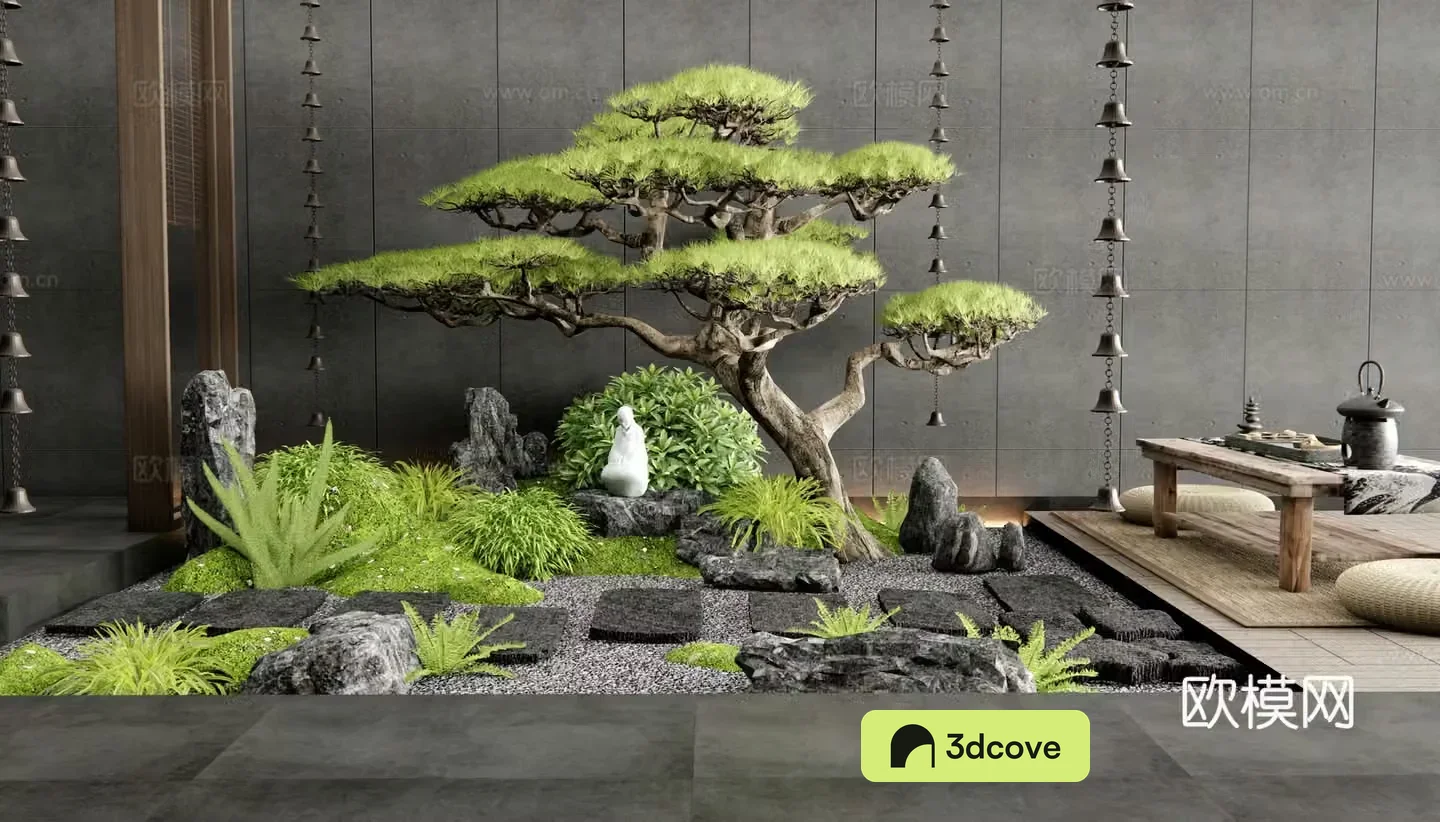 Japanese courtyard sketch Indoor landscape landscaping Tingstep Moss stone Welcoming pine =