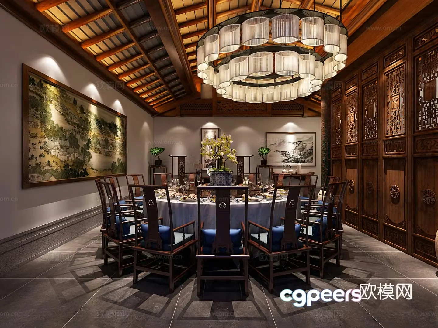 New Chinese style restaurant Round table restaurant Round dining table Large chandeliers New Chinese style partition Hanging painting 3D model