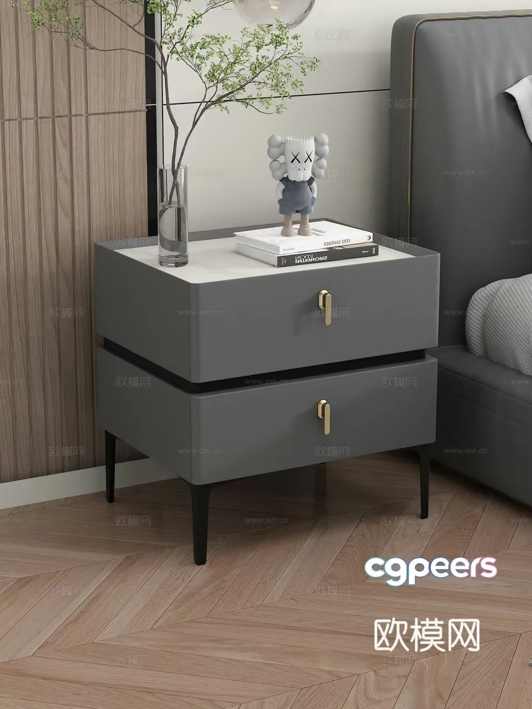 Minimalist bedside table light luxury simple storage cabinet high-end bedroom rock slab bedside cabinet vase 3D model