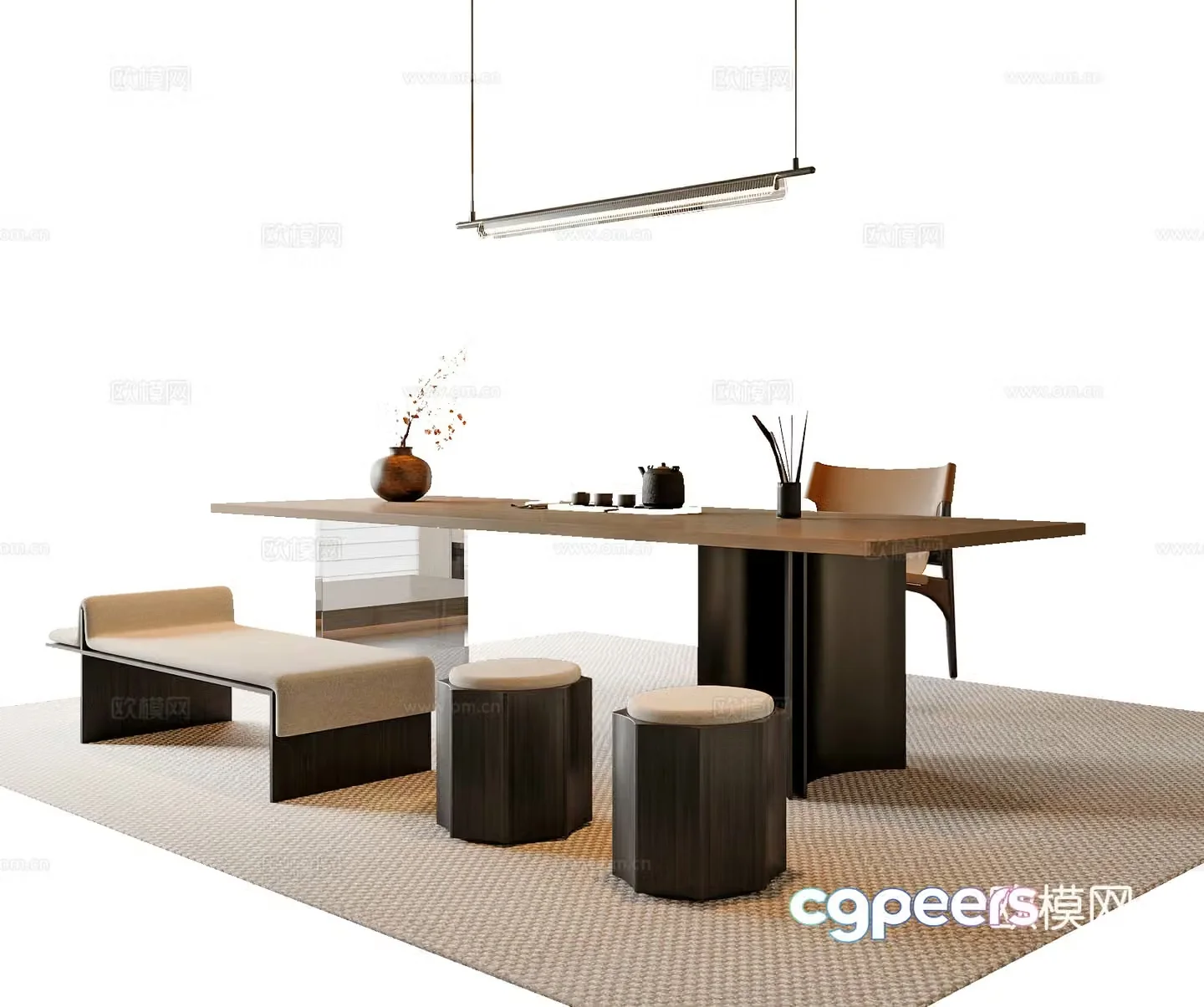 New Chinese style Chinese tea table and chair combination New Chinese style chandeliers Tea room accessories ornaments Tea table Song style 3D model
