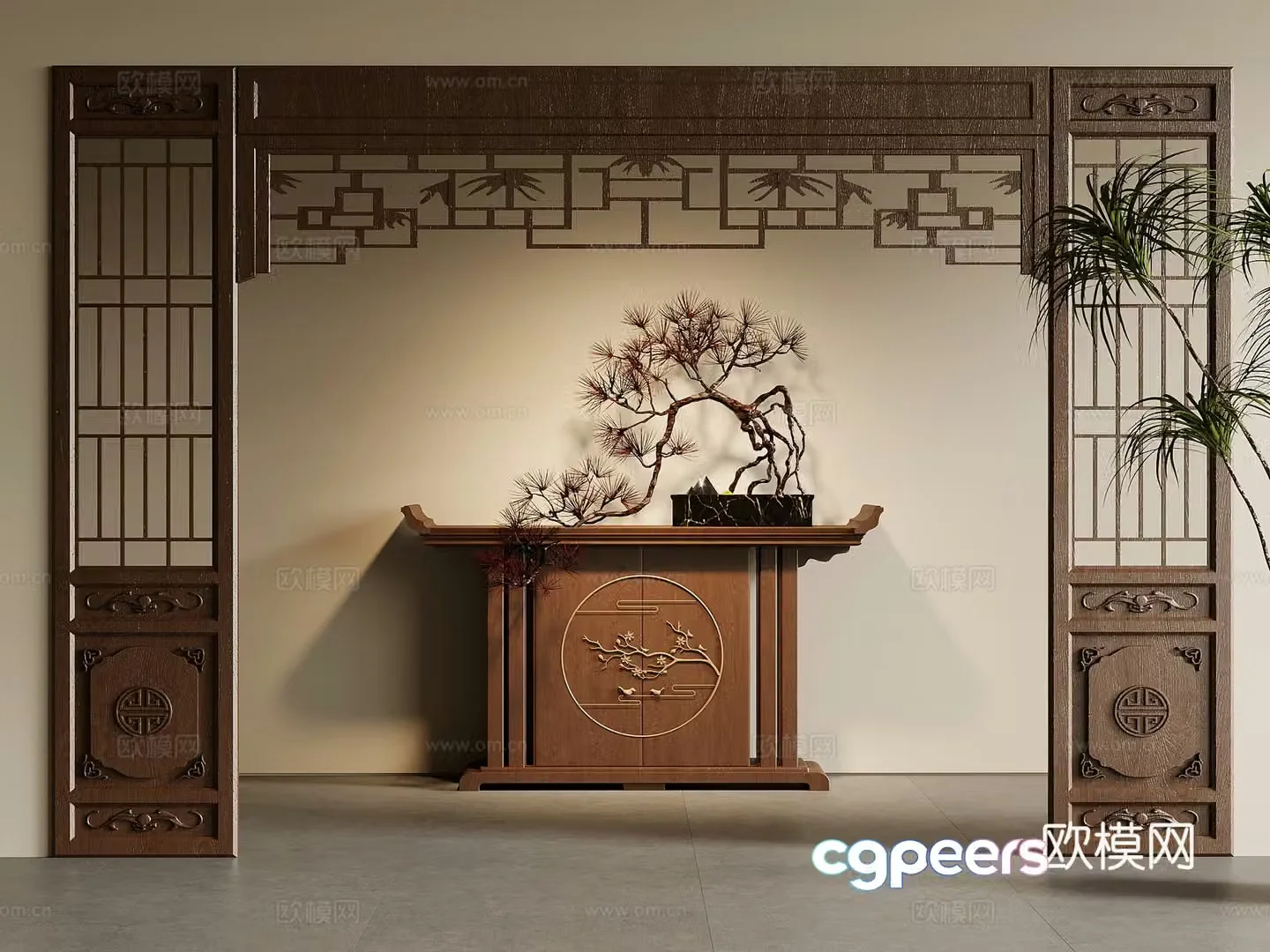02 End viewing platform New Chinese-style End viewing platform Entrance cabinet Grid screen Partition 3D model
