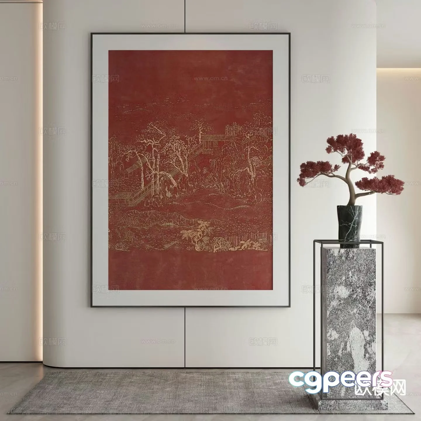 New Chinese style decorative painting Zen architectural painting 3D model