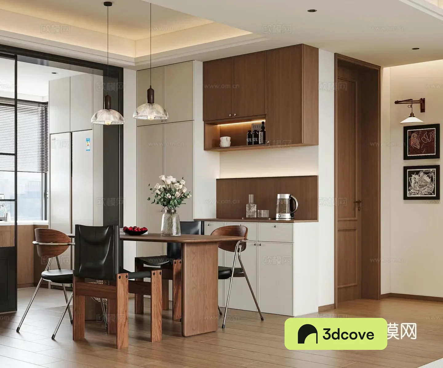 Middle-aged restaurant Middle-aged dining table and chair Middle-aged restaurant chandeliers Middle-aged dining sideboard Middle-aged painting 3D model
