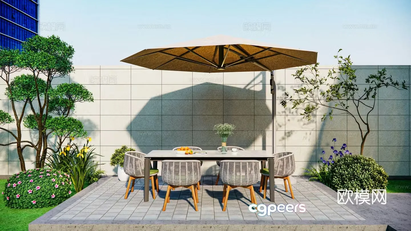 Modern outdoor dining table and chairs one table and six chairs rock slab dining table round parasol ornament green 3d model